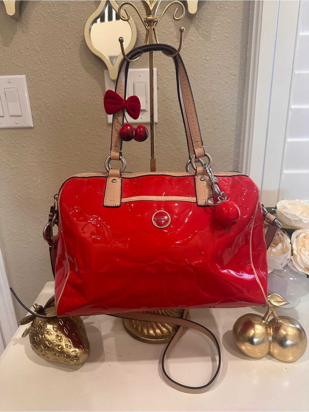 Coach Glossy Patent Cherry Satchel in Red with Tan Handles